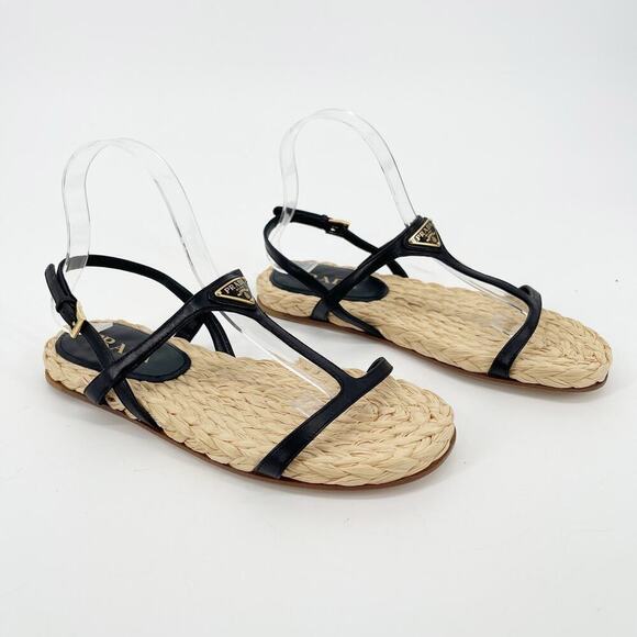 NWOB Prada Black Leather Triangle Logo Plaque Raffia Strappy Flat Sandal IT 39 - Picture 2 of 11